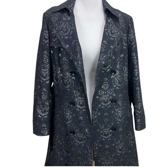 NWT W By Worth Small Navy & Silver Brocade Belted Long Trench Coat Jacket - Picture 9 of 10